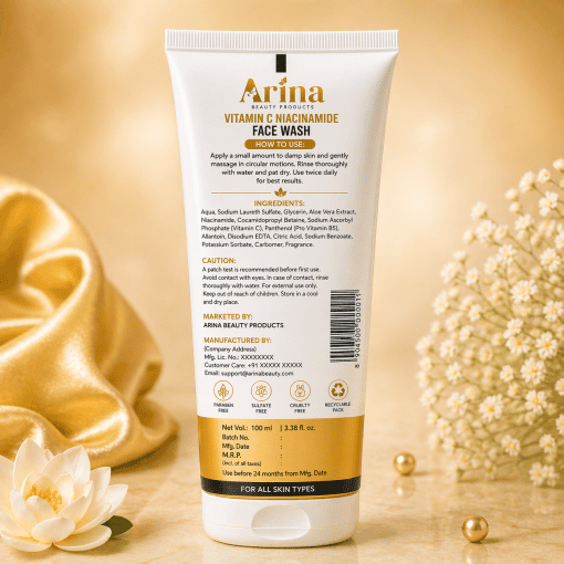 Arina Vitamin C Niacinamide Face Wash for bright, clear skin, suitable for all skin types.