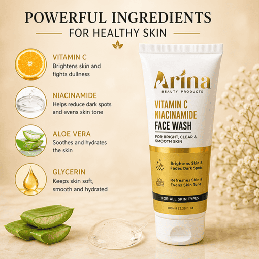Arina Vitamin C Niacinamide Face Wash for bright, clear skin, with aloe vera and glycerin.