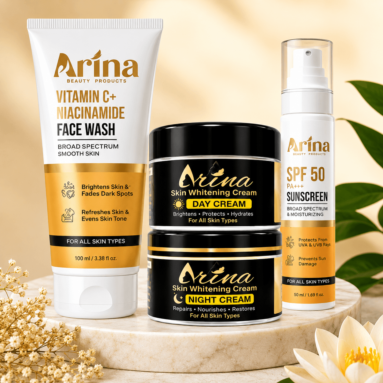 Arina Super Combo: Day & Night Cream + Face Wash +Sunscreen for Skin Whitening